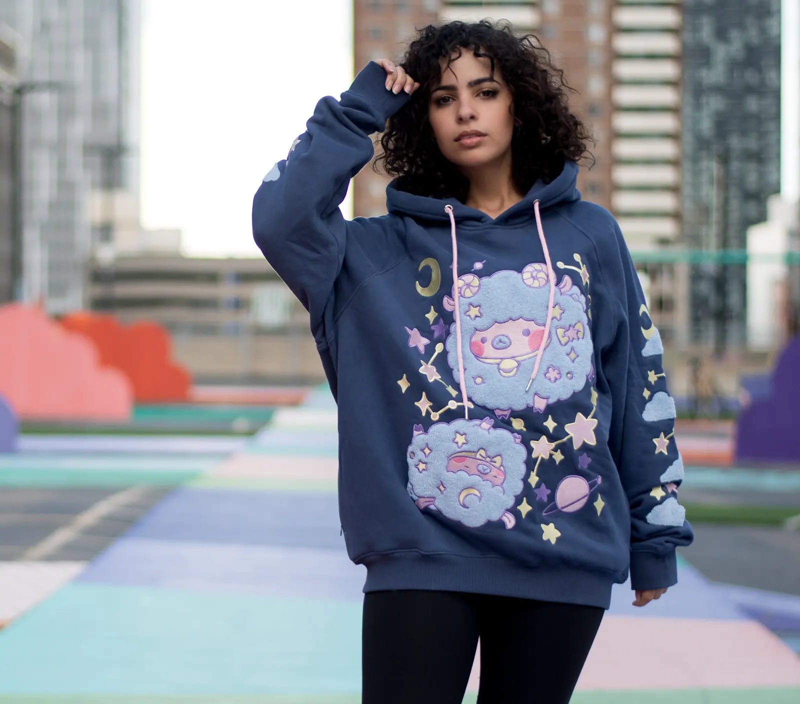 Fuzzy Space Sheep Embroidered Hoodie