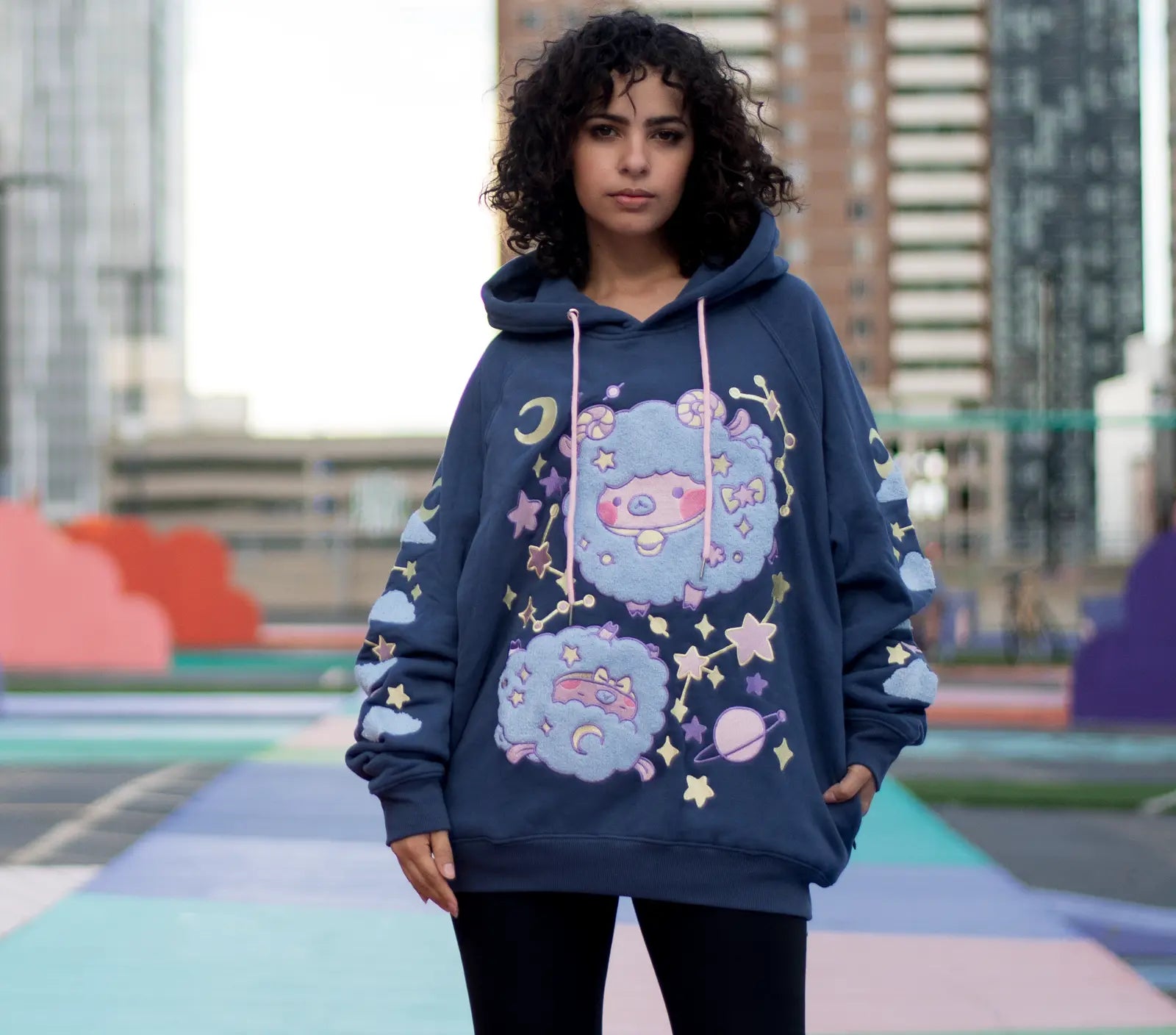 Fuzzy Space Sheep Embroidered Hoodie