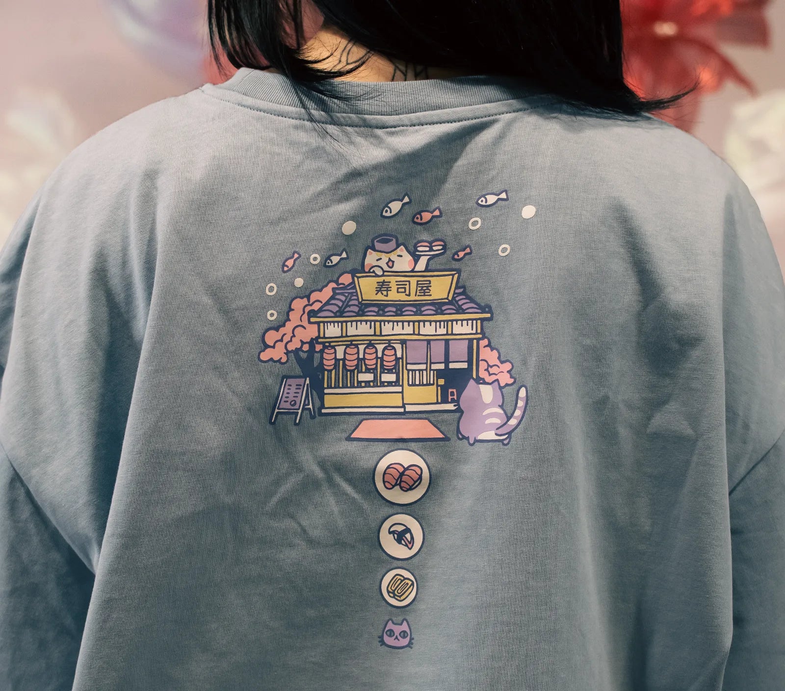 Cat Sushi Restaurant Oversized Drop-shoulder T-shirt