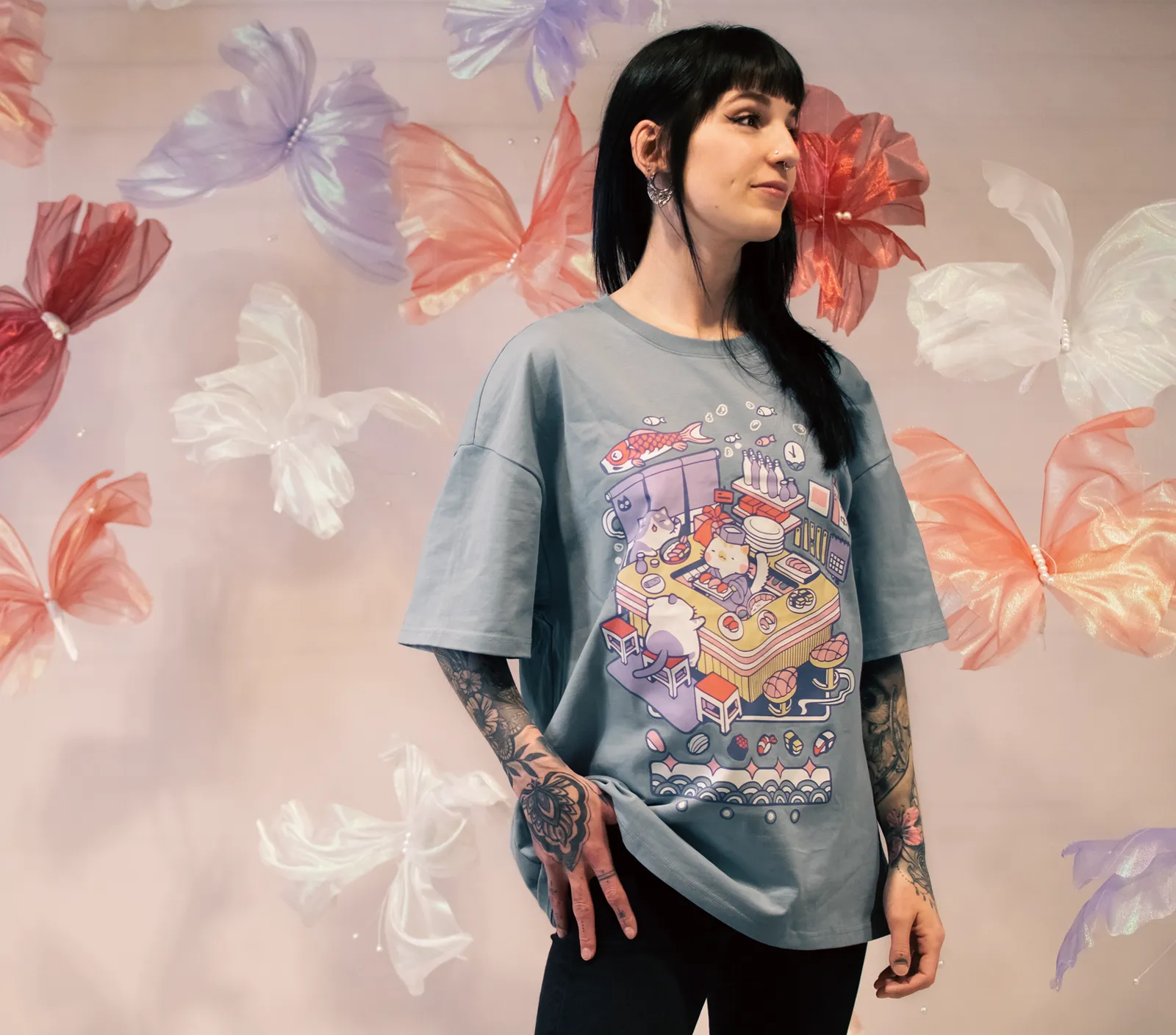 Cat Sushi Restaurant Oversized Drop-shoulder T-shirt