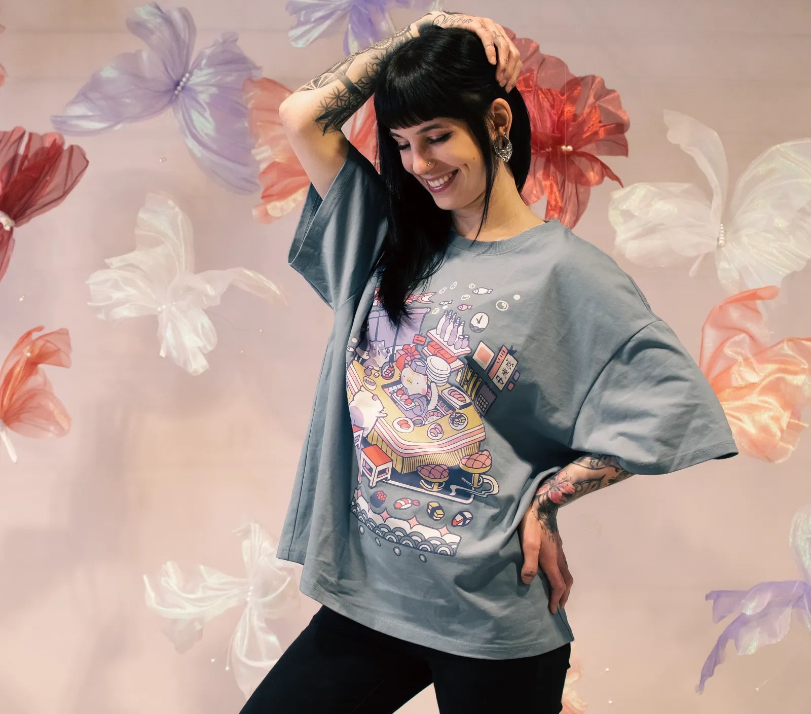 Cat Sushi Restaurant Oversized Drop-shoulder T-shirt